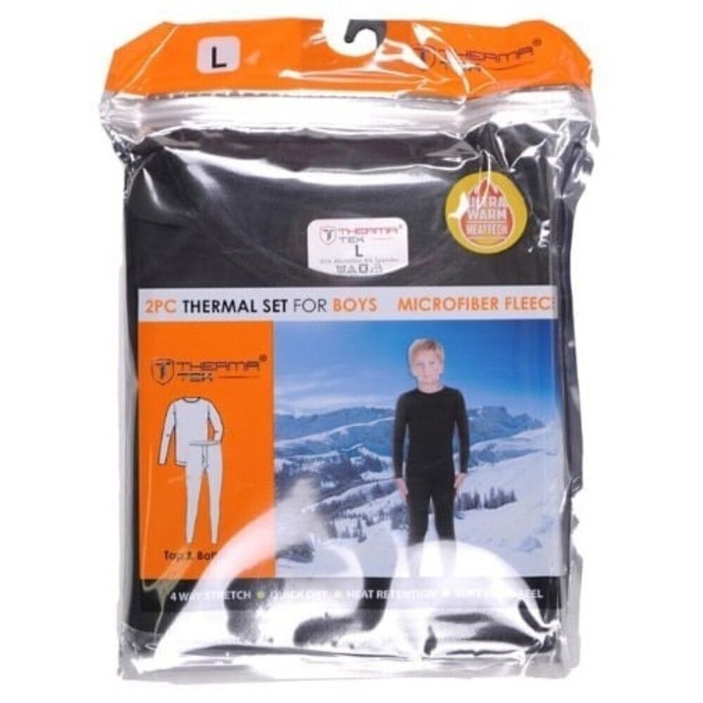 Boys Thermal Underwear Set Microfiber Long John Pants Shirt Baselayer Black, LG